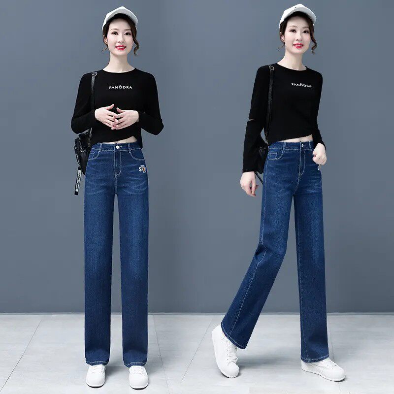 2026新款春季弹力中年妈妈修身直筒牛仔裤女高腰显瘦窄版阔腿裤