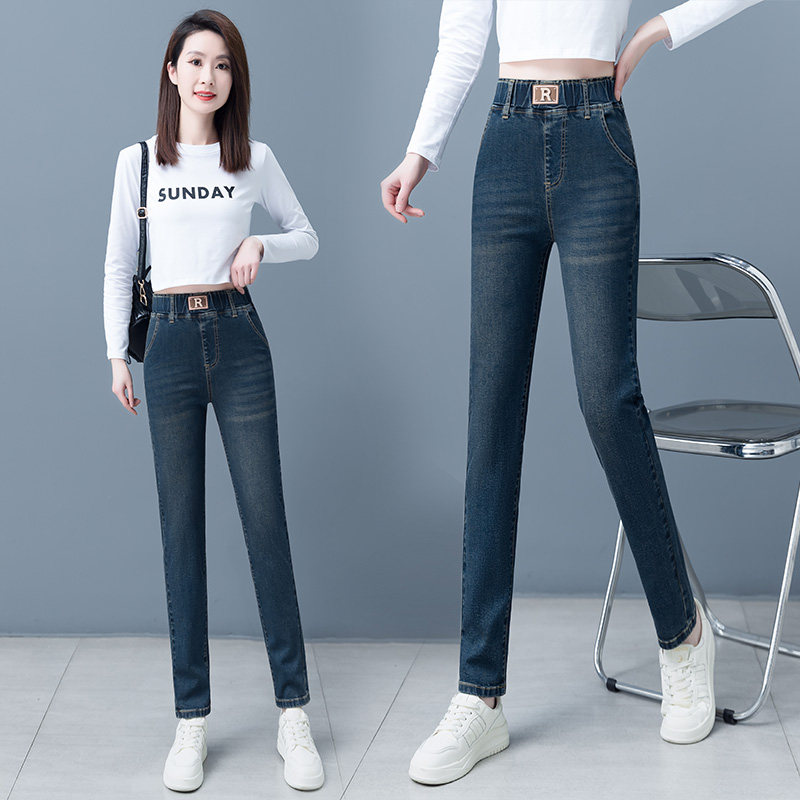 中年妈妈修身牛仔裤女春季高腰显瘦弹力2026新款松紧腰小脚铅笔裤