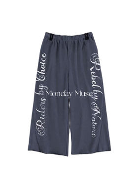 自有工厂/可比对/水洗做旧复古蓝字母印花装饰宽松休闲九分运动裤