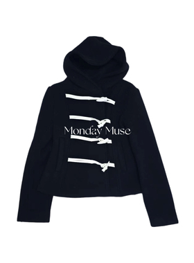 自有工厂/还原版/牛角扣短款连帽羊毛呢外套女2025冬季新款上衣