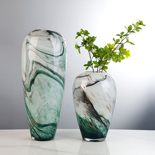 新中式 饰摆件 水墨艺术琉璃花瓶客厅水培插花玄关电视柜轻奢花器装