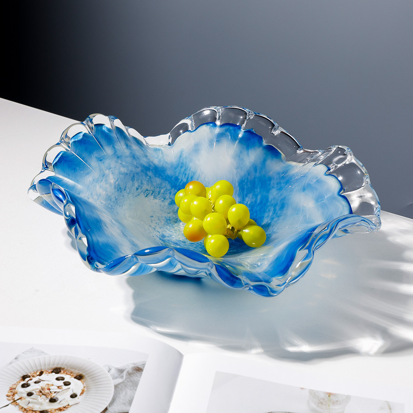 艺术冰蓝色琉璃水果盘轻奢客厅茶几糖果干果盘家居装饰收纳盘摆件