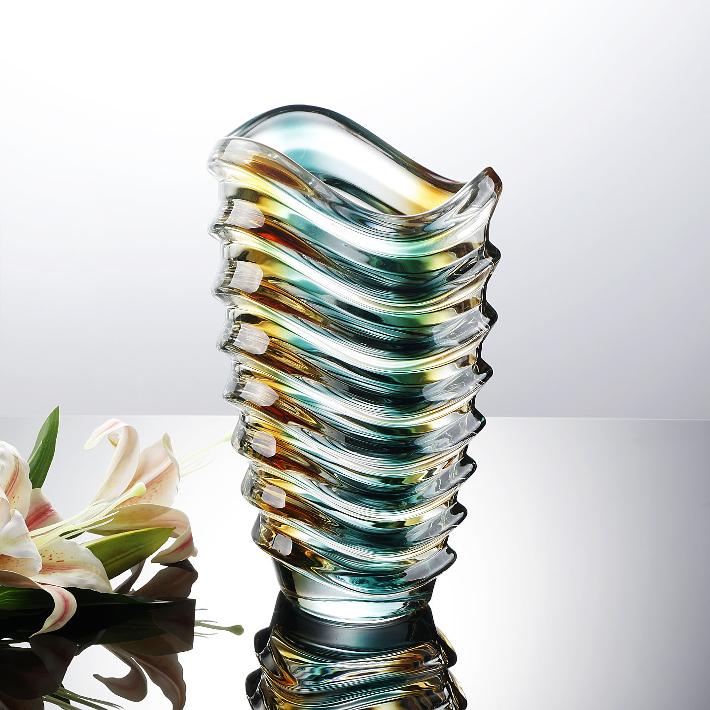 波浪浮雕翡翠金水晶玻璃花瓶插花现代客厅水养富贵竹台面插花装饰