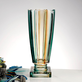 轻奢加厚翡翠金高脚花瓶水晶玻璃宽口客厅餐桌水养富贵竹插花摆件