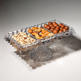 浮雕玻璃长方形分格盘轻奢高脚蛋糕点心托盘摆放盘干果糖零食拼盘