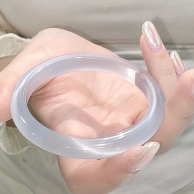 天然珠宝琉璃纯白猫眼石手镯时尚水晶扁圆镯饰品女猫眼效应明显