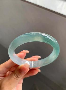 天然缅甸A货冰糯种白底飘蓝花翡翠手镯圆条绿飘花翡翠玉手镯子女