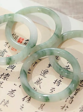 天然新疆天山翠手镯雪翠金丝玉A级翡翠飘花圆条镯子玉石中条手镯