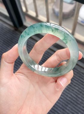 冰种绿飘花玉石手镯爆款正圈玉翠高冰石英岩玉女生贵妃镯显白冰润