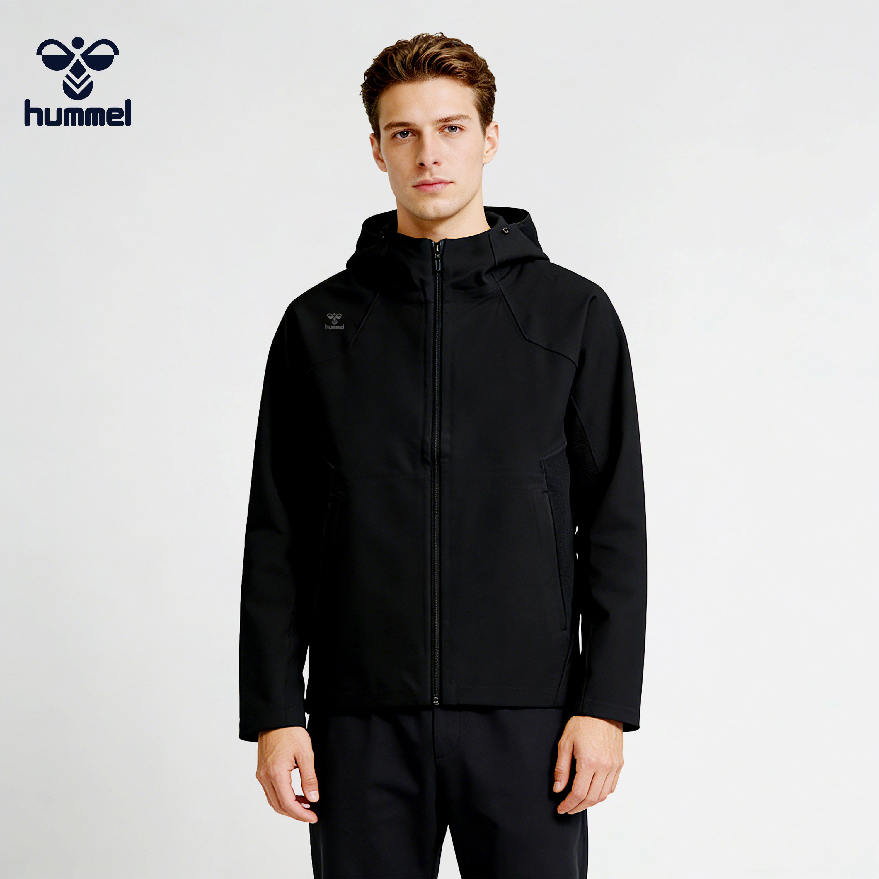 HUMMEL男士连帽衫夹克外套拼色防风户外运动风通勤带帽休闲上衣