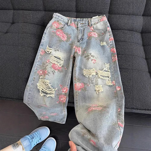花卉满印牛仔裤男夏季痞帅高级感