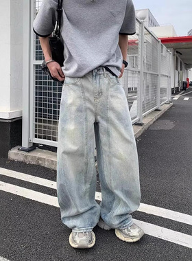 美式复古水洗弯刀牛仔裤男女街头潮牌leanfit宽松休闲阔腿直筒裤