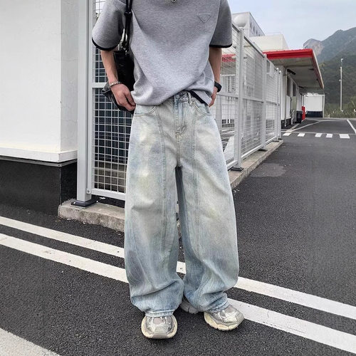 美式复古水洗弯刀牛仔裤男女同款