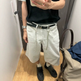 美式leanfit简约纯色系带高级感休闲短裤宽松阔腿垂感牛仔七分裤