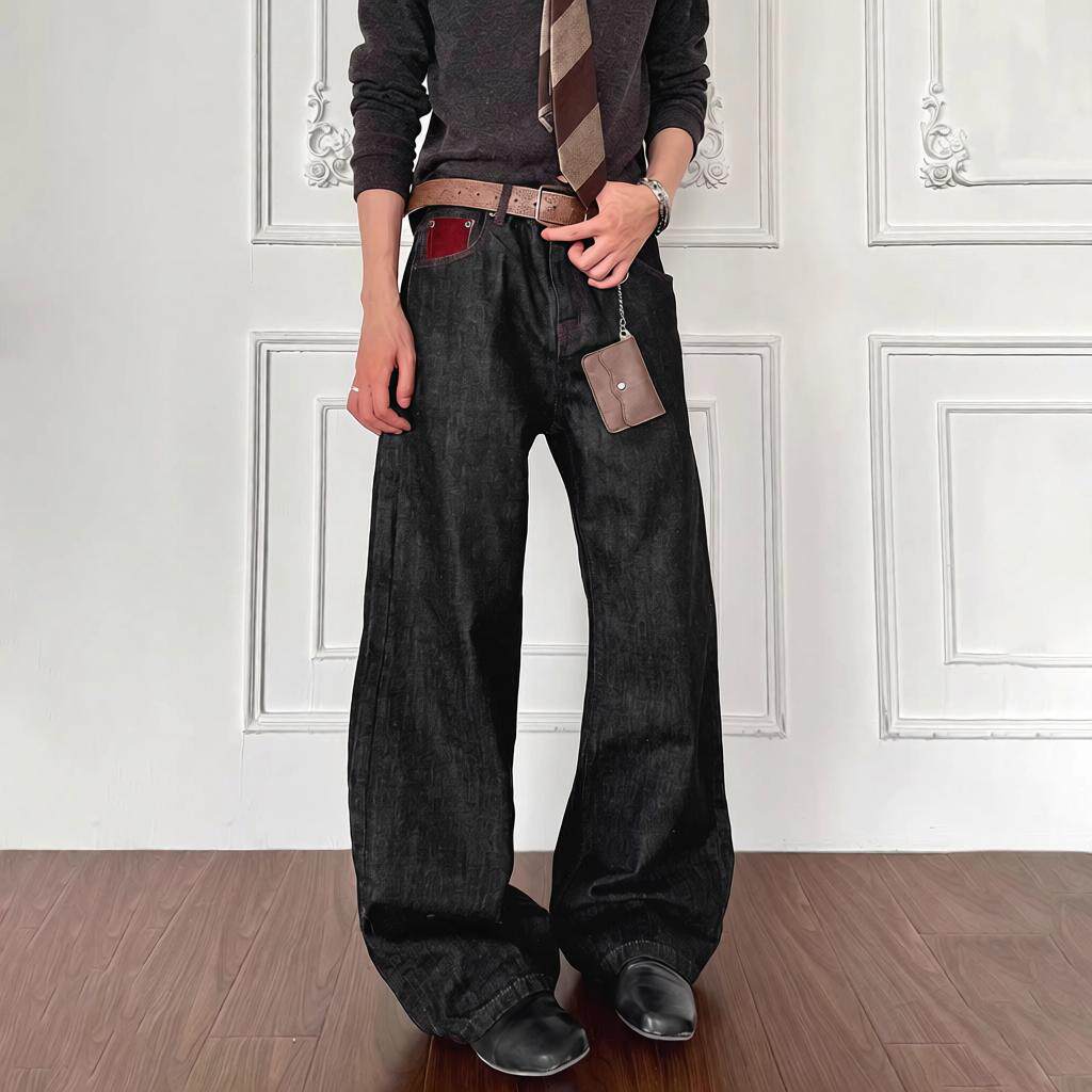 美式高街原牛牛仔裤男女leanfit黑色微喇裤子宽松阔腿直筒长裤潮