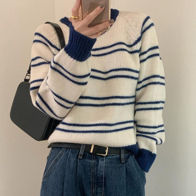 条纹圆领长袖套头针织衫毛衣