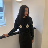 韩国nothingwritten吴小姐自留撞色菱形格纹针织开衫 圆领毛衣新款