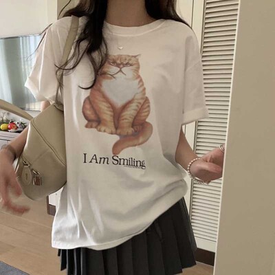 2026春夏新款 可爱大胖橘猫咪字母印花宽松百搭圆领短袖T恤上衣