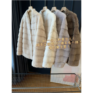 du一份儿矜贵范儿~纯手工裁剪100绵羊毛一体~暖外套毛毛大衣女冬