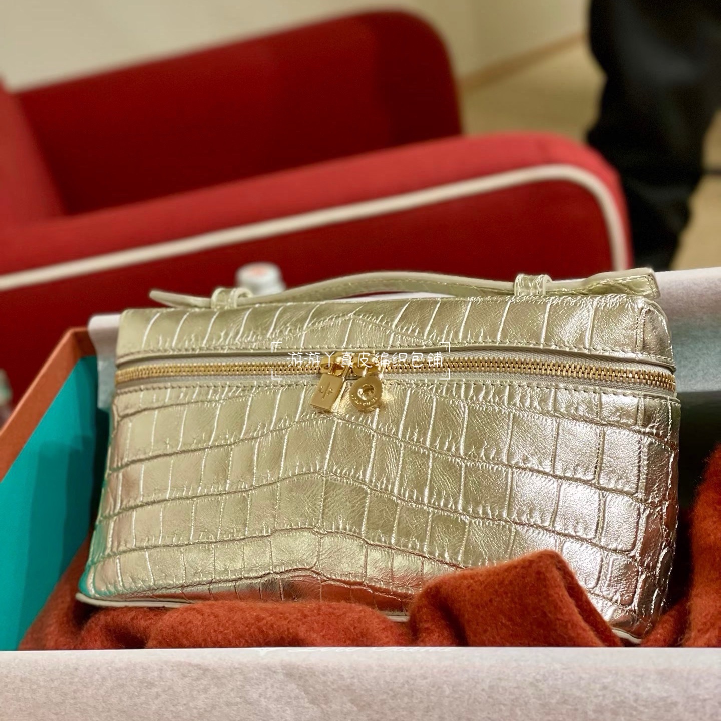 时尚潮流进口小牛皮鳄鱼纹真皮手工编织化妆包盒子包手提斜挎女包