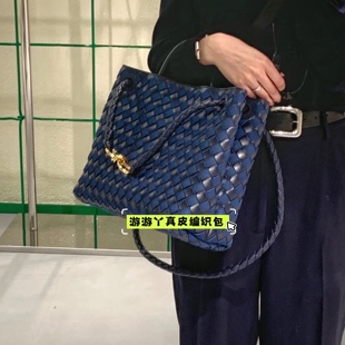 Andiamo牛仔拼皮优雅复古编织女包手提单肩斜挎百搭通勤蓝色包袋