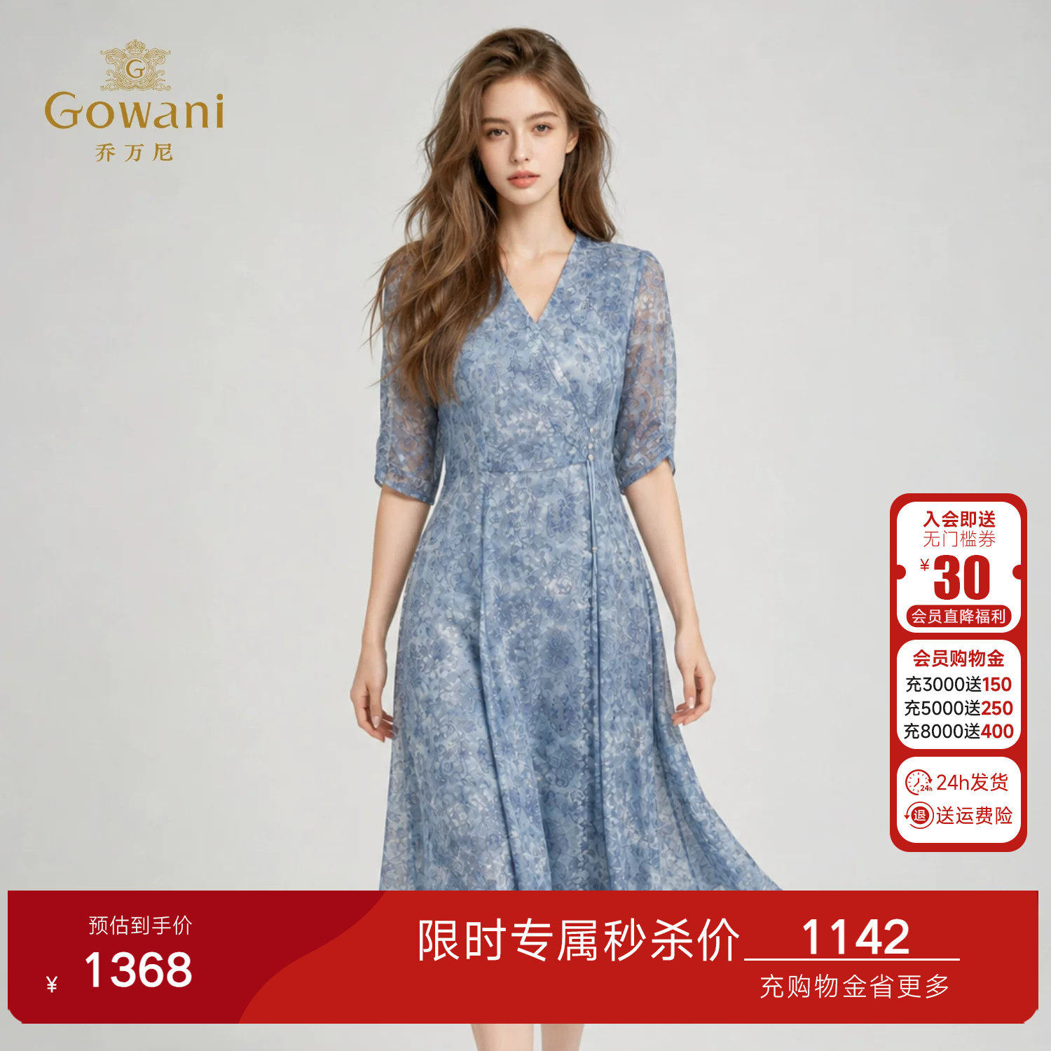 乔万尼2026夏季新款蓝色碎花V领连衣裙商场同款收腰中袖EK2E112图片
