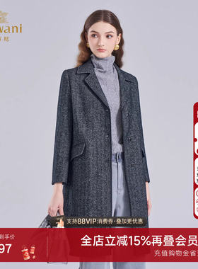 乔万尼老钱风绵羊毛人字纹中长款毛呢外套女商务翻领大衣EI4A647