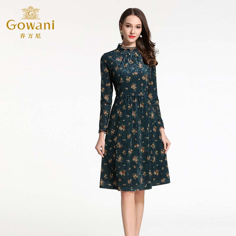 乔万尼长袖连衣裙商场秋装新款女修身显瘦丝绒印花a字裙中长韩版