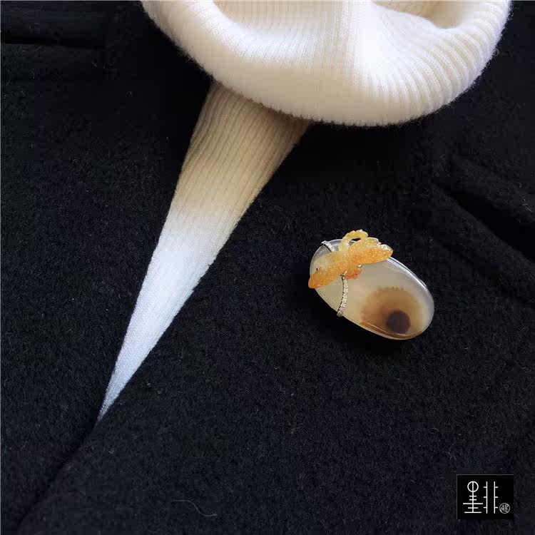 冰黄翡翠蜻蜓14k金胸针设计孤品