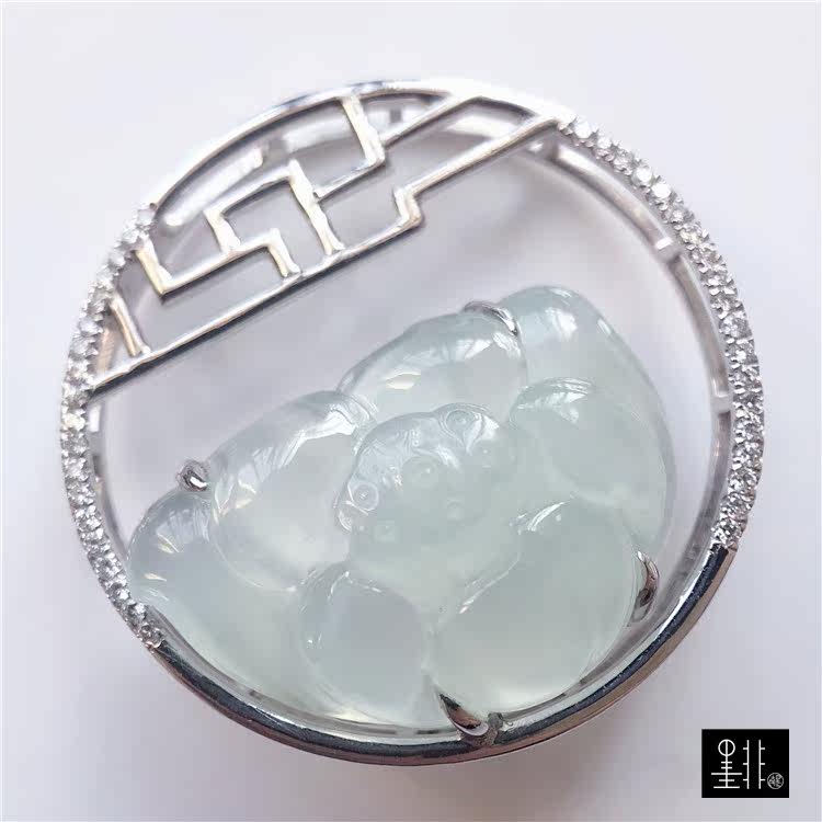 西楼冰种翡翠金镶胸针吊坠孤品