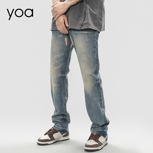 男潮牌高端猫爪痕直筒阔腿裤 高街破洞水洗磨白2025新款 子 美式 夏季