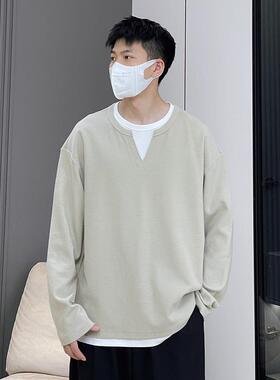 YOA秋冬新款假两件设计长袖卫衣男打底衫慵懒情侣男女同款T24316