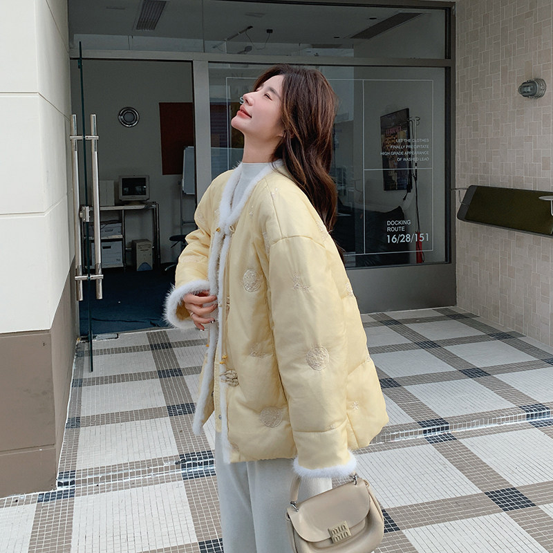 大量有货真水貂毛新中式黄色刺绣羽绒服2C002A606P285K428,女装羽绒服,2C002