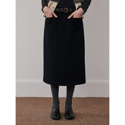 SOMETHING 澳洲100%羊毛 黑色斜纹提花立体肌理感优雅保暖半身裙