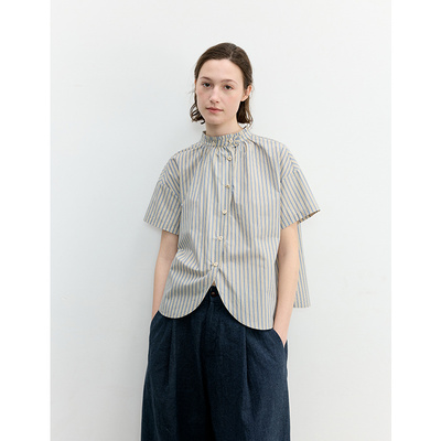 竖条纹印花纯棉落肩短袖衬衫