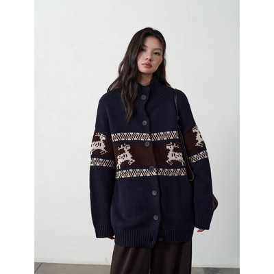 羊毛圣诞麋鹿撞色毛衣开衫外套