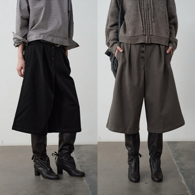 SOMETHING毛呢分割前排扣七分直筒裤