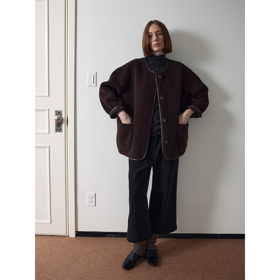 SOMETHING 椰棕色仿羊羔毛 复合内里麂皮绒 拼皮保暖外套廓形大衣