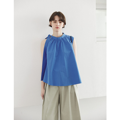SOMETHING进口匹马棉水洗蓝 不对称设计背心上衣