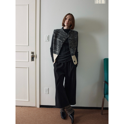 SOMETHING  100%全羊毛立领双色拼纱 复古坑条斜门襟针织背心马甲