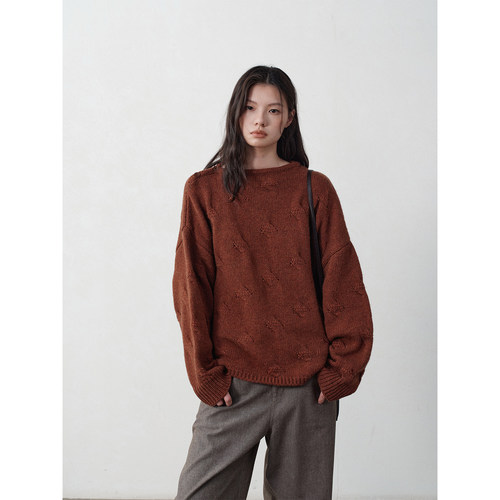 SOMETHING INHERE35%羊毛混纺绞花肩扣棕红落肩套头毛衣