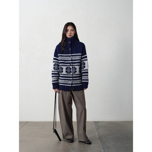 SOMETHING100%羊毛藏蓝大雪花复古毛衣开衫外套