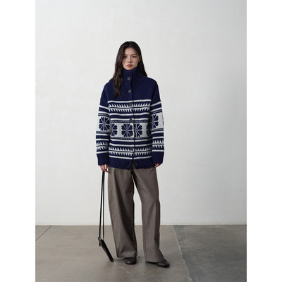 SOMETHING100%羊毛藏蓝大雪花复古毛衣开衫外套