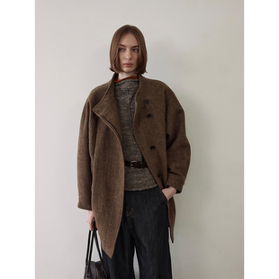 SOMETHING 100%全羊毛夹棉 黄棕色斜纹 复古大衣廓形外套中长款