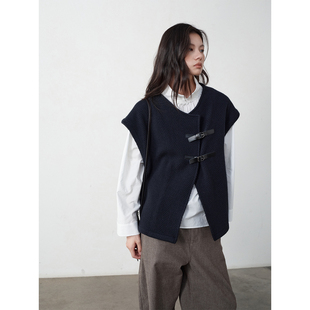 SOMETHING INHERE 82% 羊毛斜门襟 廓形毛呢马甲 复古背心