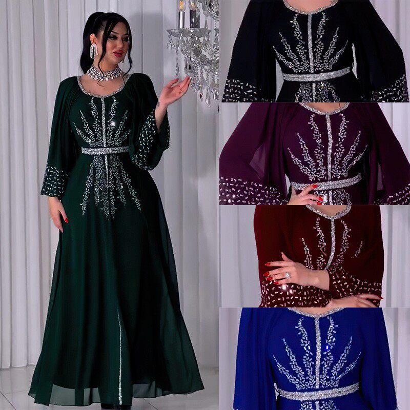 跨境褶皱大圆领烫钻雪纺泡泡袖连衣长裙含腰带礼服民族风Dresses
