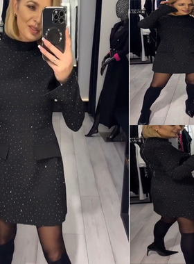 2026春秋女烫钻修身长袖跨境半高领气质显瘦欧美连衣短裙Dress