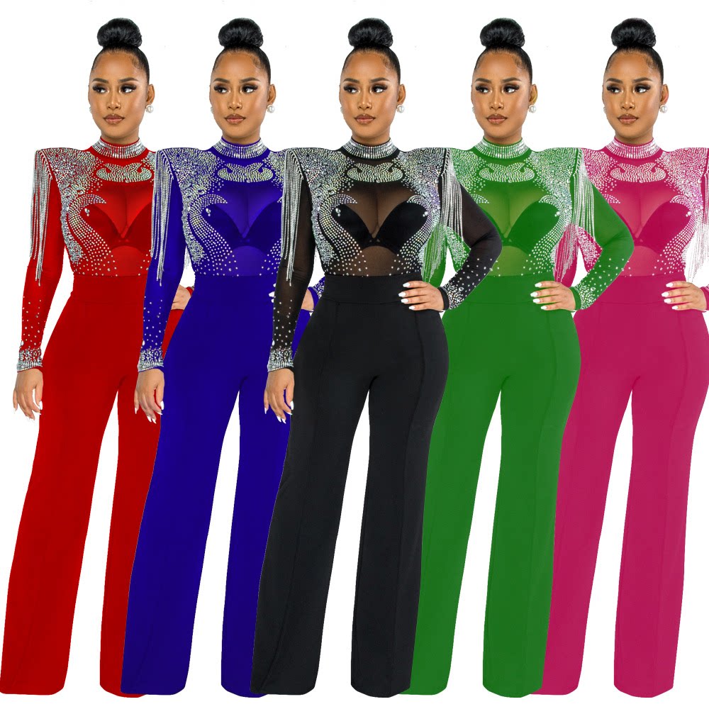 时尚烫钻流苏垫肩半高领透视涤网拼接紧身女连体直筒裤jumpsuit