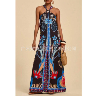 2026夏欧美跨境女波西米亚风时尚挂脖无袖印花阔腿连体裤jumpsuit