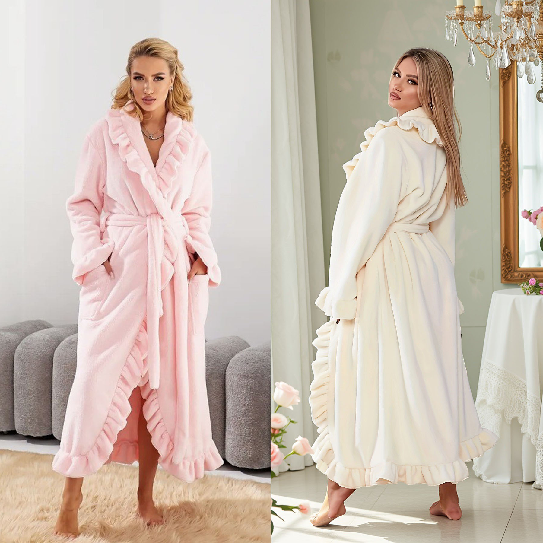 荷叶边保暖加厚法兰绒女睡衣浴袍